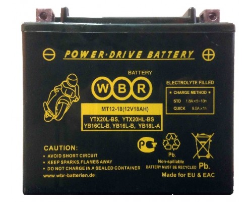 Аккумулятор мото WBR YTX20L-BS, YTX20HL-BS, YB16CL-B, YB16L-B, YB18L-A AGM
